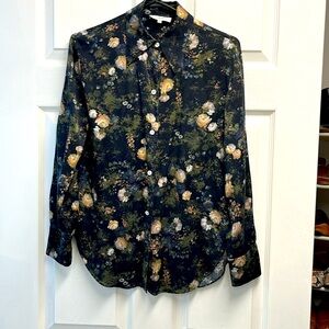 Vince Floral Button-Up Blouse - Navy and Yellow
